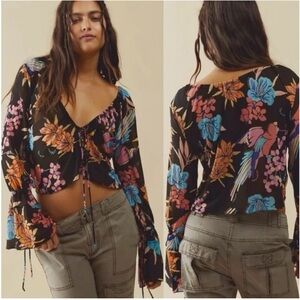 Free People of Paradise Black and Pink Floral Bell Sleeve Sheer Mesh Blouse NWT